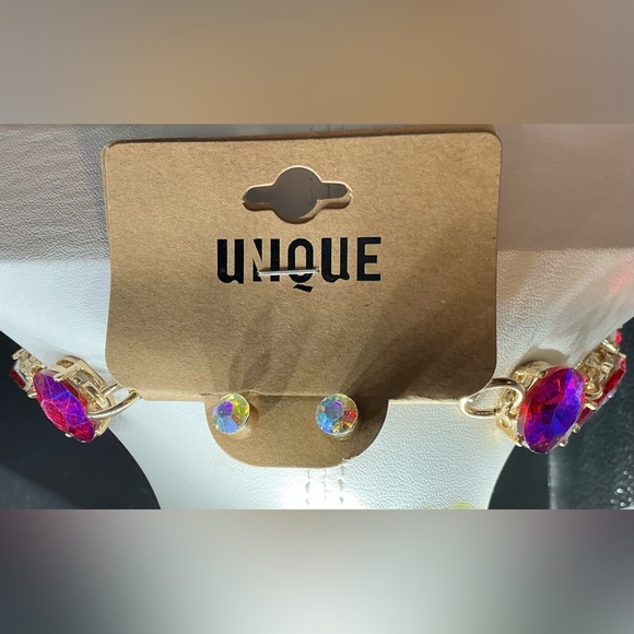 UNIQUE BRAND PINK PURPLE IRIDESCENT LARGE STATEMENT NECKLACE STUD EARRINGS NWT - Picture 3 of 3